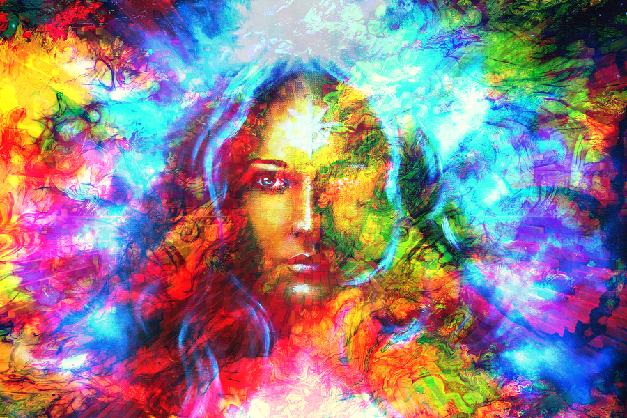 Mystic Face Women With Butterflies, Color Background Collage. Ey ...
